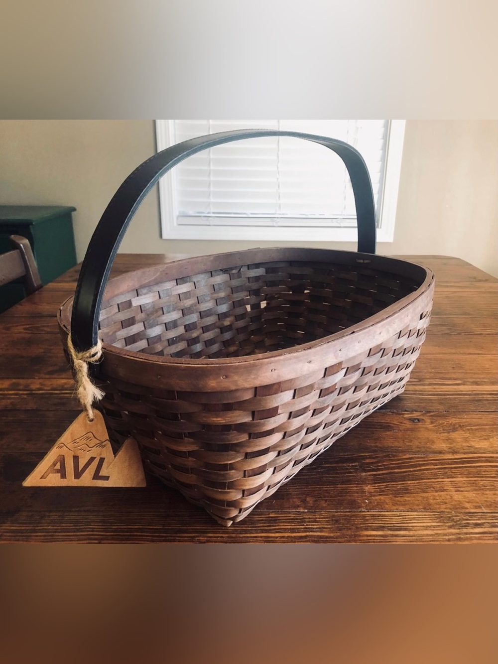 Natural Wooden Basket with Espresso Leather Made in Asheville NC